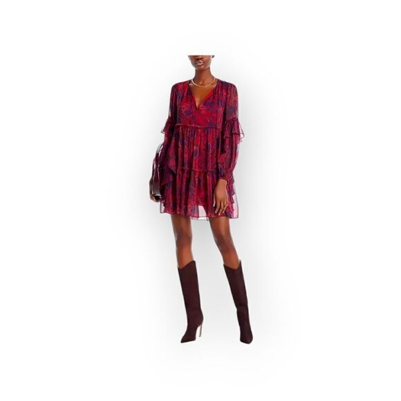 Cinq à Sept Livie Dress Women’s Red Purple Tiered Ruffle Mini Size 0 Cocktail Pa - Picture 1 of 16